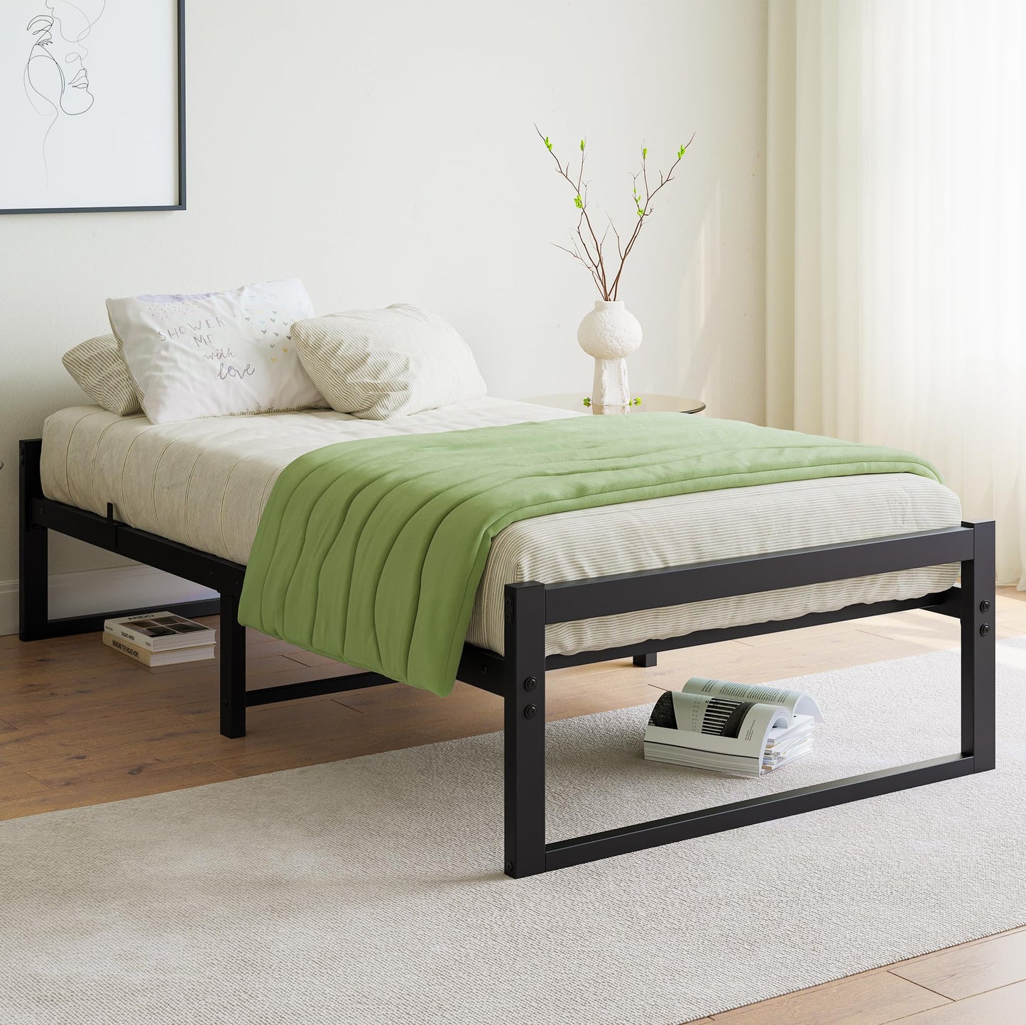 VECOCHO Bed 90 x 200 cm, Bed Frame 90 x 200 cm with Metal Slatted Frame, Black