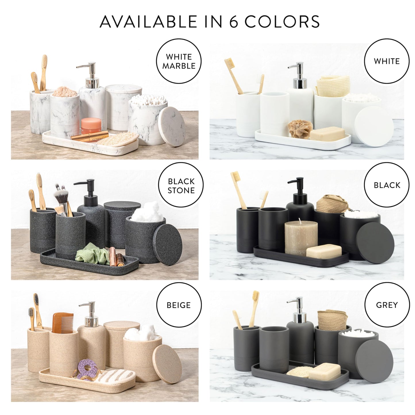 zccz Beige Bathroom Accessory Set 6 Pieces - Bathroom Organiser with Tootbrush Holder, Lotion Soap Dispenser, Vanity Tray and 2 Qtip Holders - Modern