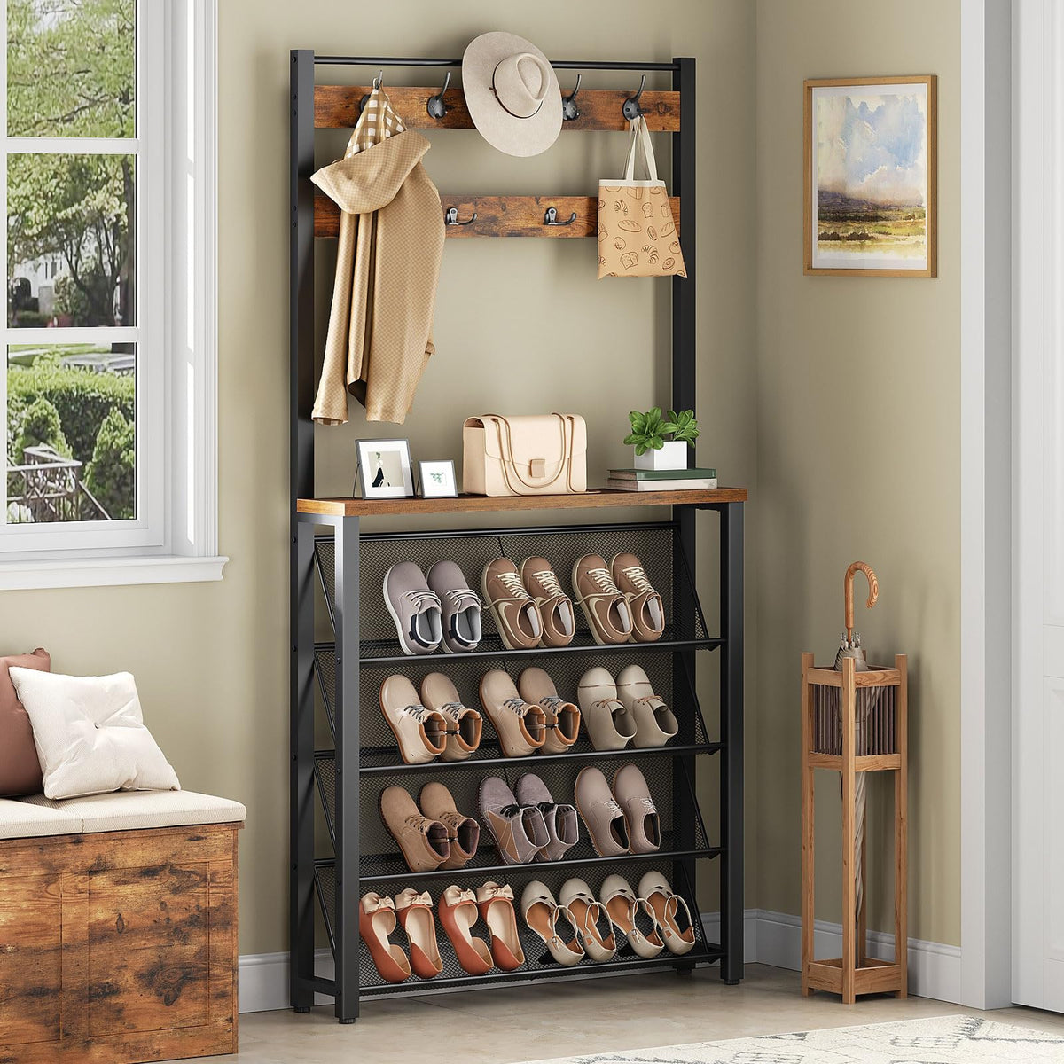 HOOBRO Coat Rack with Shoe Storage, Narrow Shoe Rack with Coat Rack and 9 Hooks, 5 Tier Slanted Storage Shelves, Coat Stand for Hallway, Entryway
