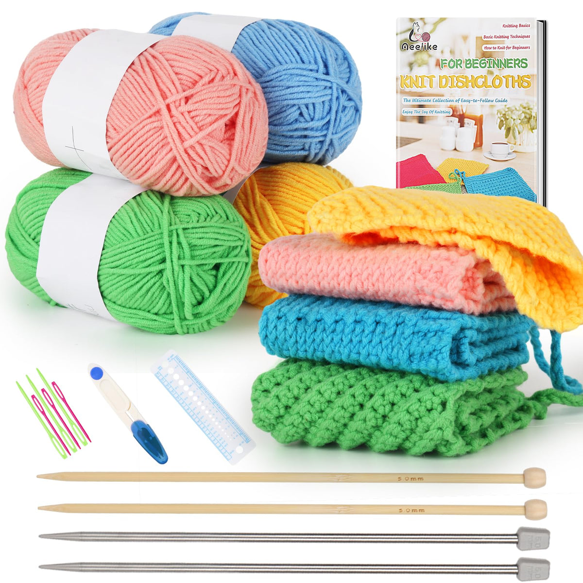 Aeelike Knitting Kit - Knitting for Beginners Kit - Make Your Own Dishcloth - Knitting Starter Kit for Adults with Yarn, Instructions and 25cm Metal &