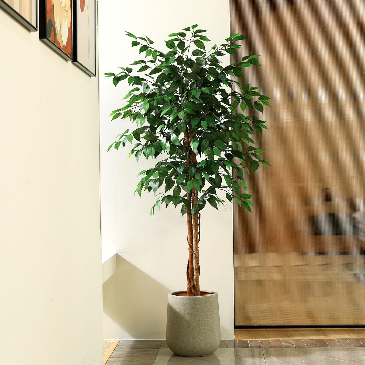 SOGUYI 150cm Artificial Ficus Tree with Natural Wood Trunk, Silk Fake Ficus Tree in Plastic Nursery Pot, Faux Plant for Office Home, Indoor Outdoor
