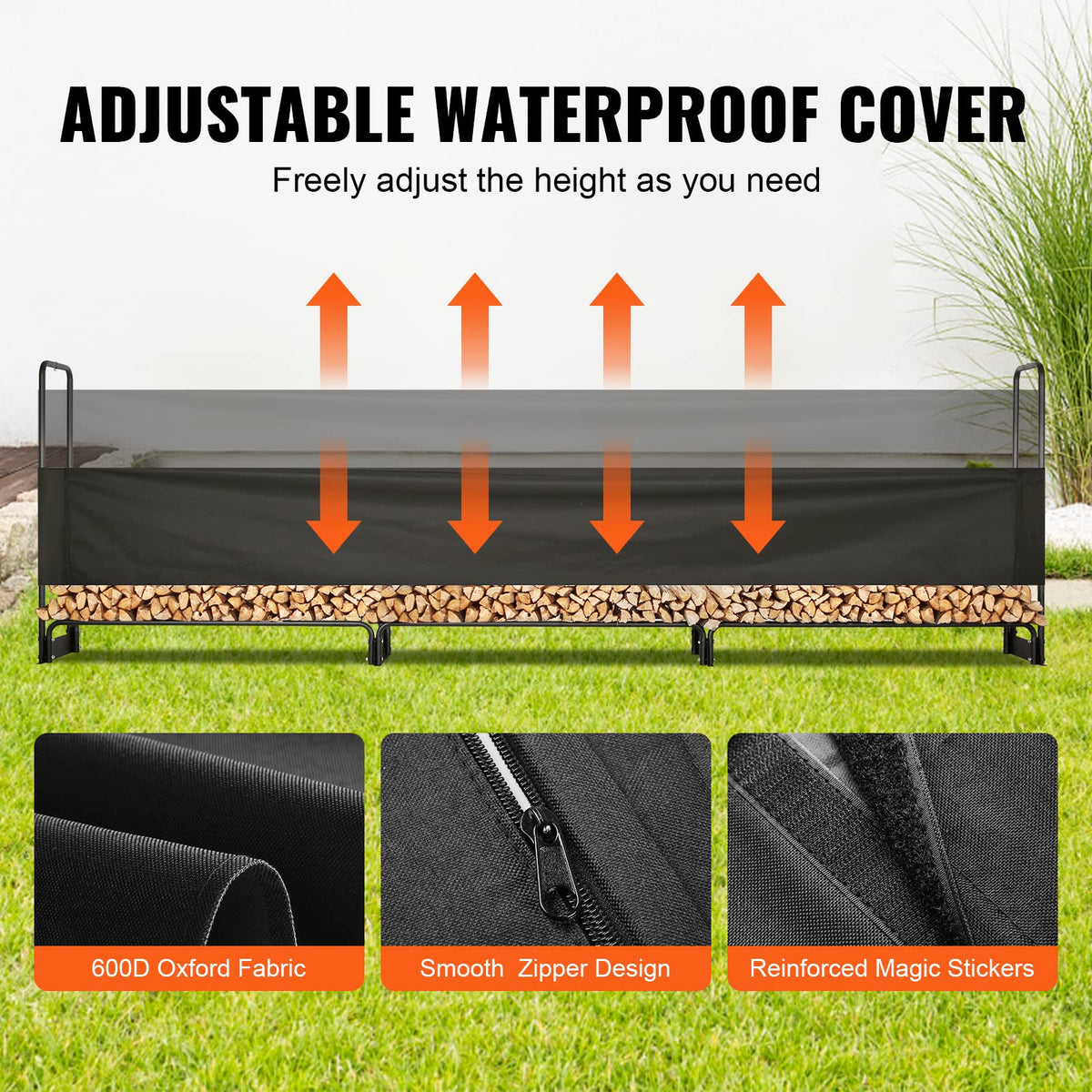 VEVOR 12.7FT Outdoor Firewood Rack with Cover, 152x14.2x46.1in, Heavy Duty Firewood Holder & 600D Oxford Waterproof Cover for Fireplace, Patio,
