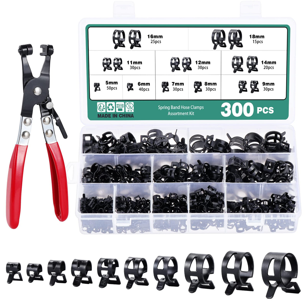 Faankiton 300PCS 10 Sizes 5-18mm Fuel Line Hose Clips Water Pipe Air Tube Silicone Vacuum Hose Clamp Fastener Assortment Kit, Fuel Line Clamps, Spring