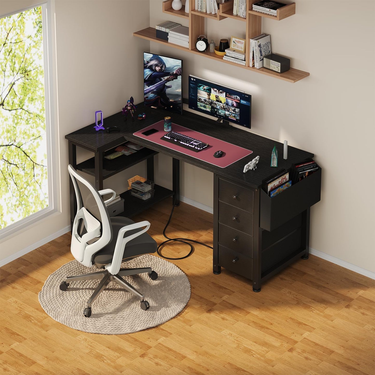 Lufeiya L Shaped Gaming Desk with Drawers & Storage Shelves, 120CM Corner Computer Desk with UK Power Outlet for Home Office Bedroom