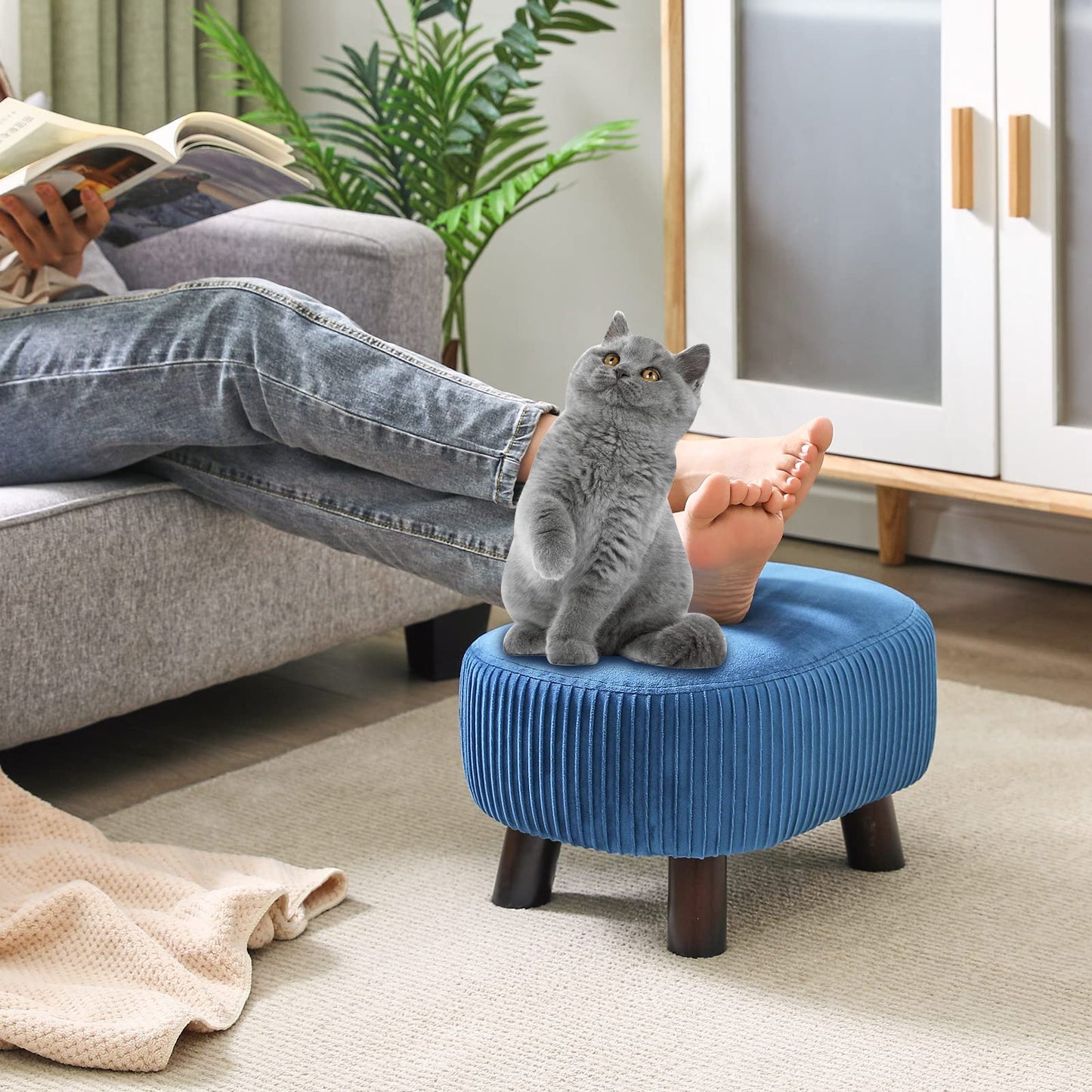 YMYNY Ottomans, Small Curved Footstool with Handle, Sofa Stool with Soft Seat Cushion, for Bedroom, Living Room, Hallway, 40 × 28 × 23CM