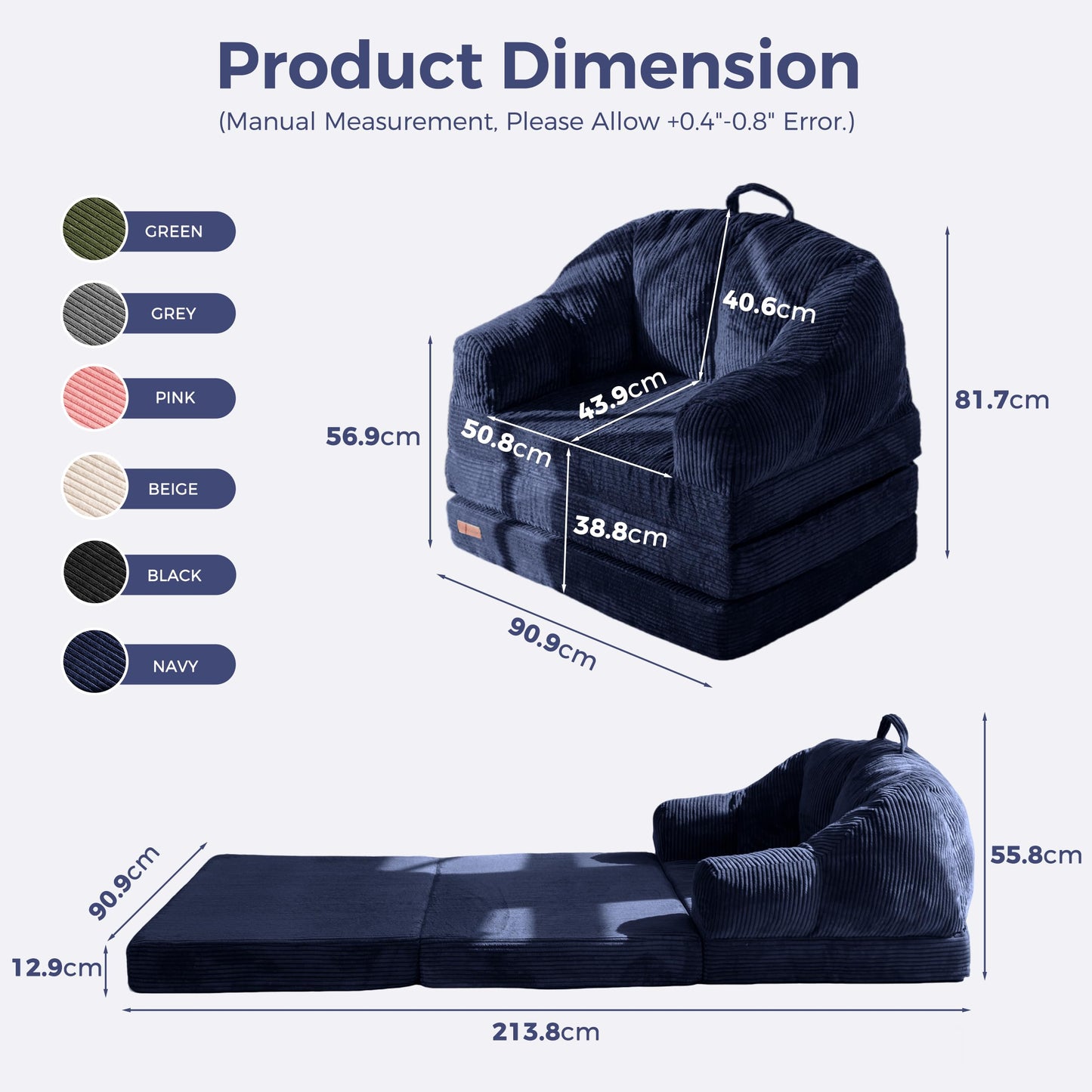 MAXYOYO Folding Sofa Bed with Backrest, Boneless Fold Out Couch Bed with Handle, 2 in 1 Convertible Bean Bag Chair to Floor Sofa Lounger