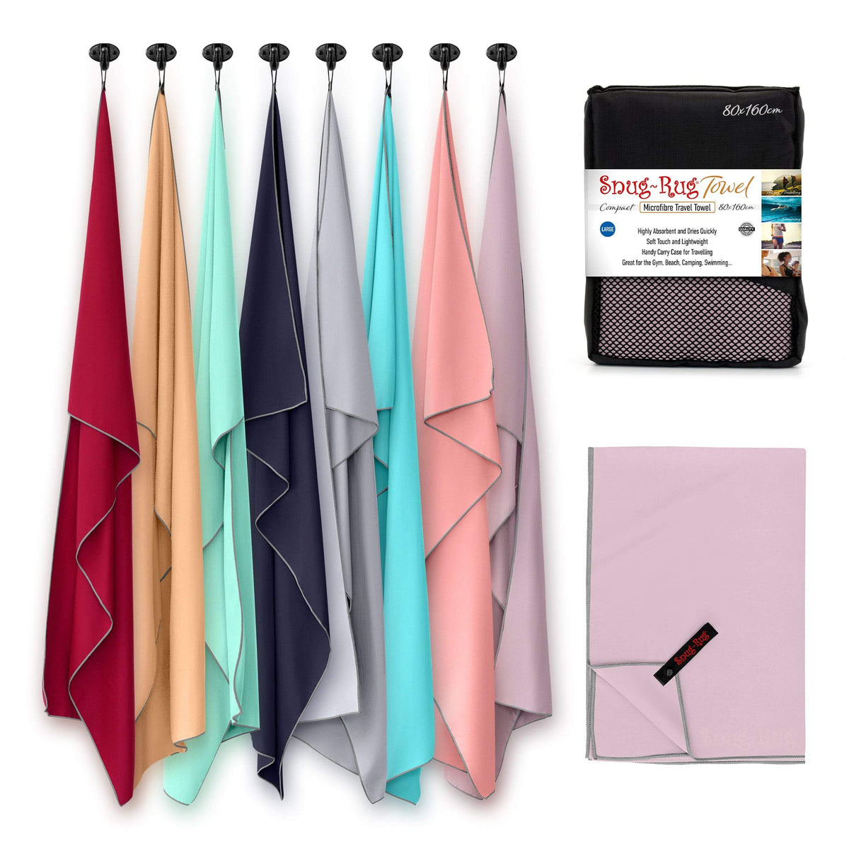 Snug Rug Microfibre Beach Towel Large L 80 x 160cm ? Super Absorbent Quick Drying Lightweight Sand Proof Beach Towels Sea Fog Mauve