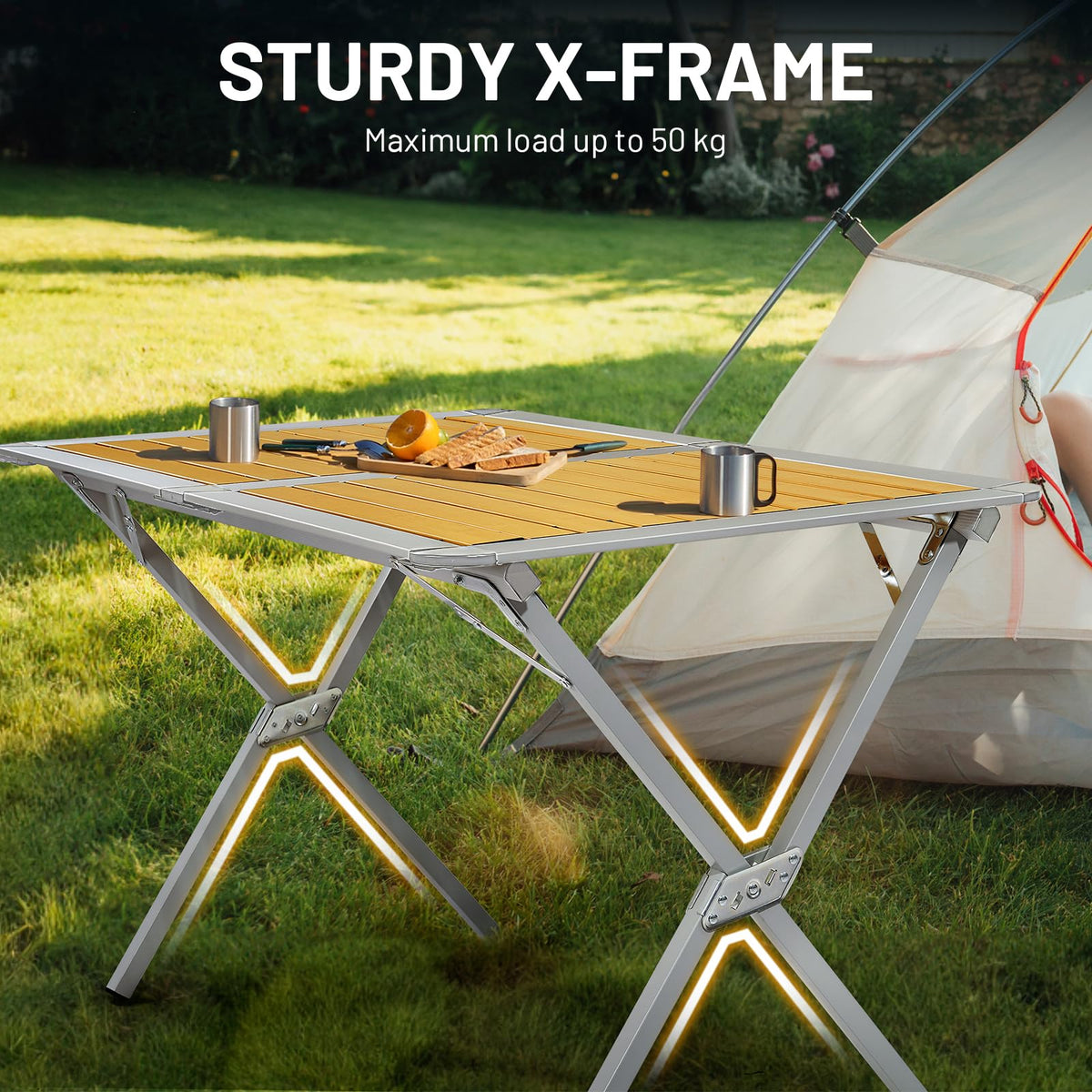 TIMBER RIDGE 110x70cm Folding Camping Table, Aluminium Roll Up Garden Table, Foldable Picnic Table with Slatted Top for 4-6 People, Fold up Table with