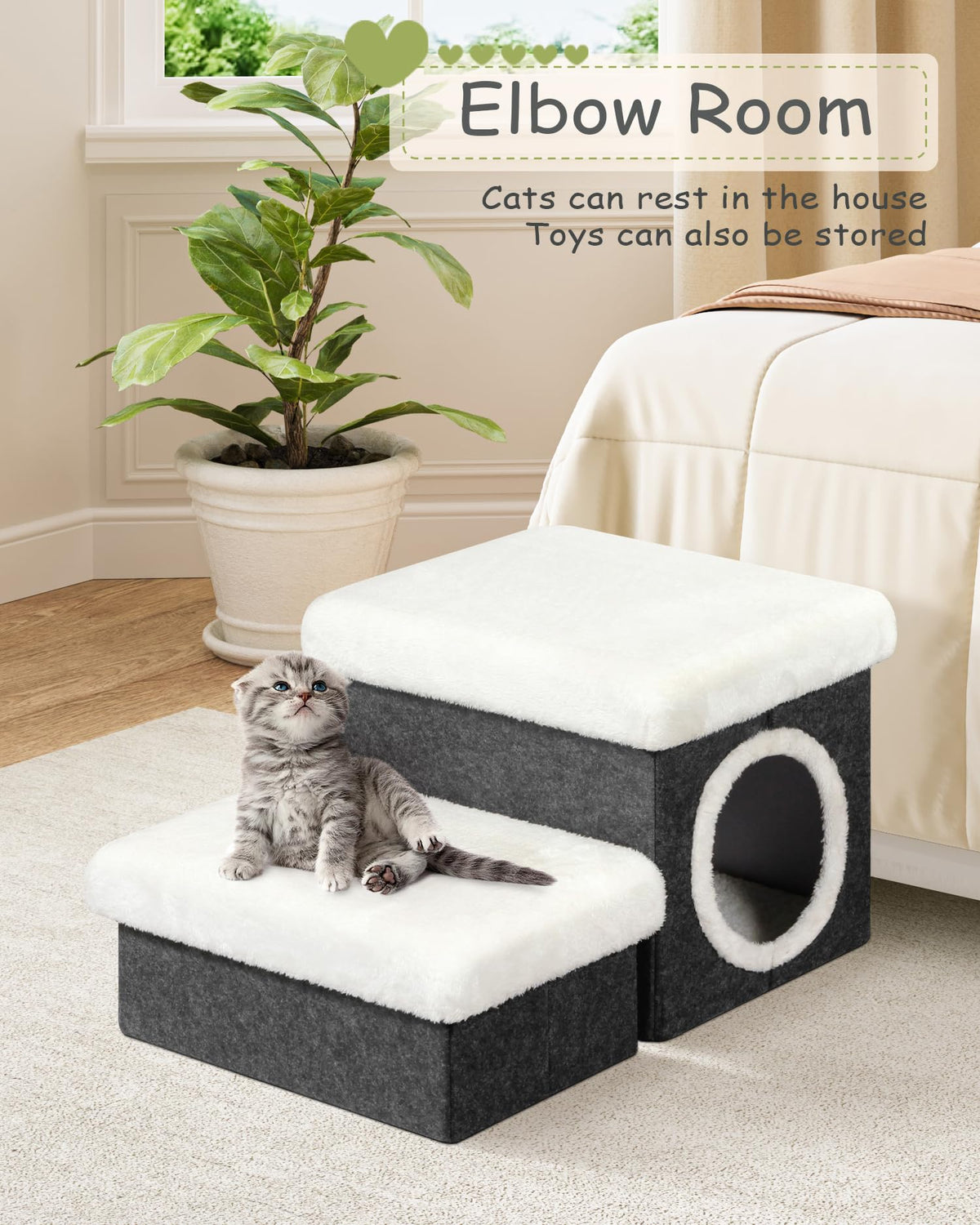 Bonlife Cat House Pet Stairs for Beds Sofa, Dog Bed for Indoor, Foldable Cat Climb Ladder with Storage,2-Tier Pet Steps with Toy Box,Dark