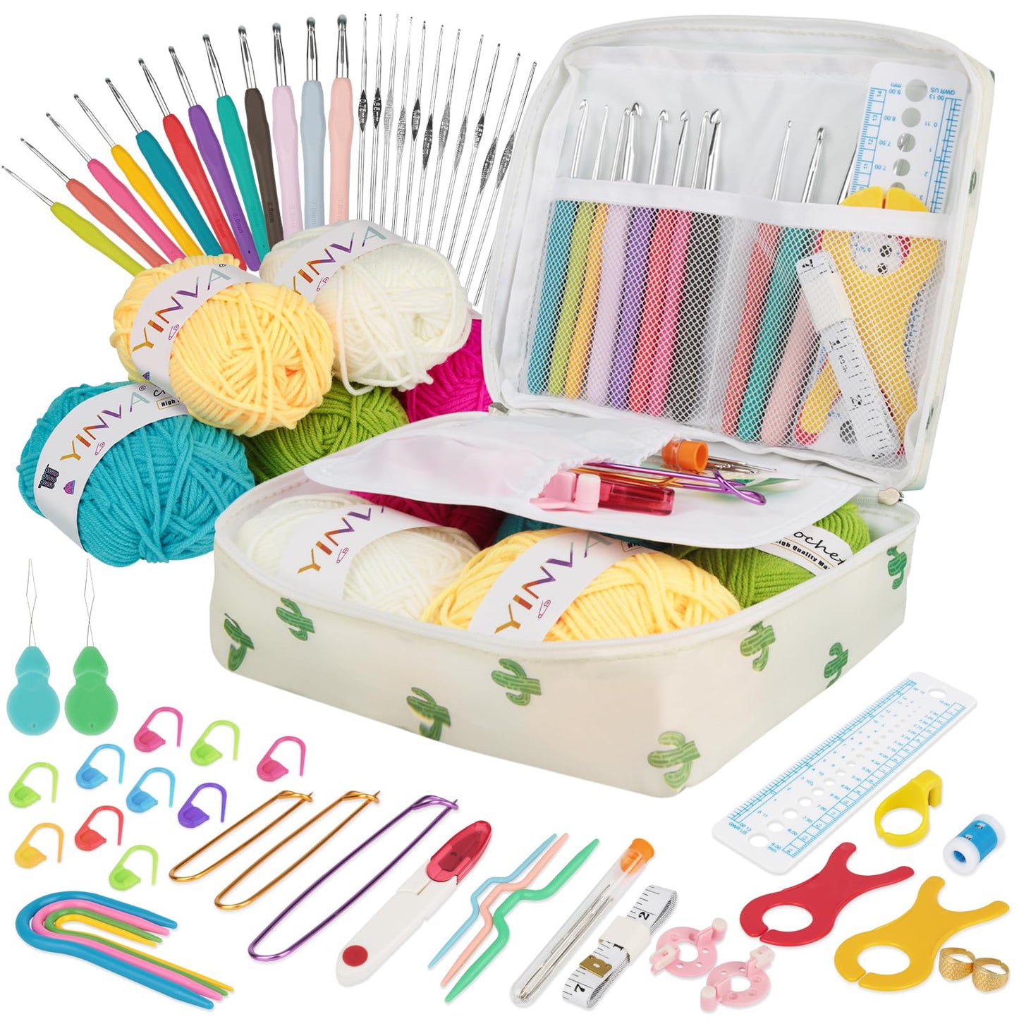 YINVA Crochet Kits Crochet Hooks Set for Beginners Adults Knitting Kit Ergonomic Metal Crochet Hooks Knitting Accessories Tools Crochet Wool Yarn