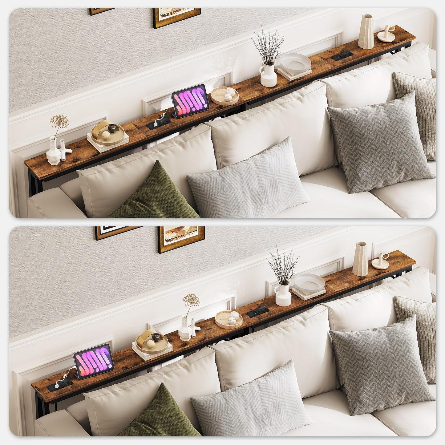 YATINEY Console Table, Set of 2, Slim Behind Sofa Table with Charging Station, Skinny Entryway Table，Metal Frame, for Living Room, Entryway, Hallway