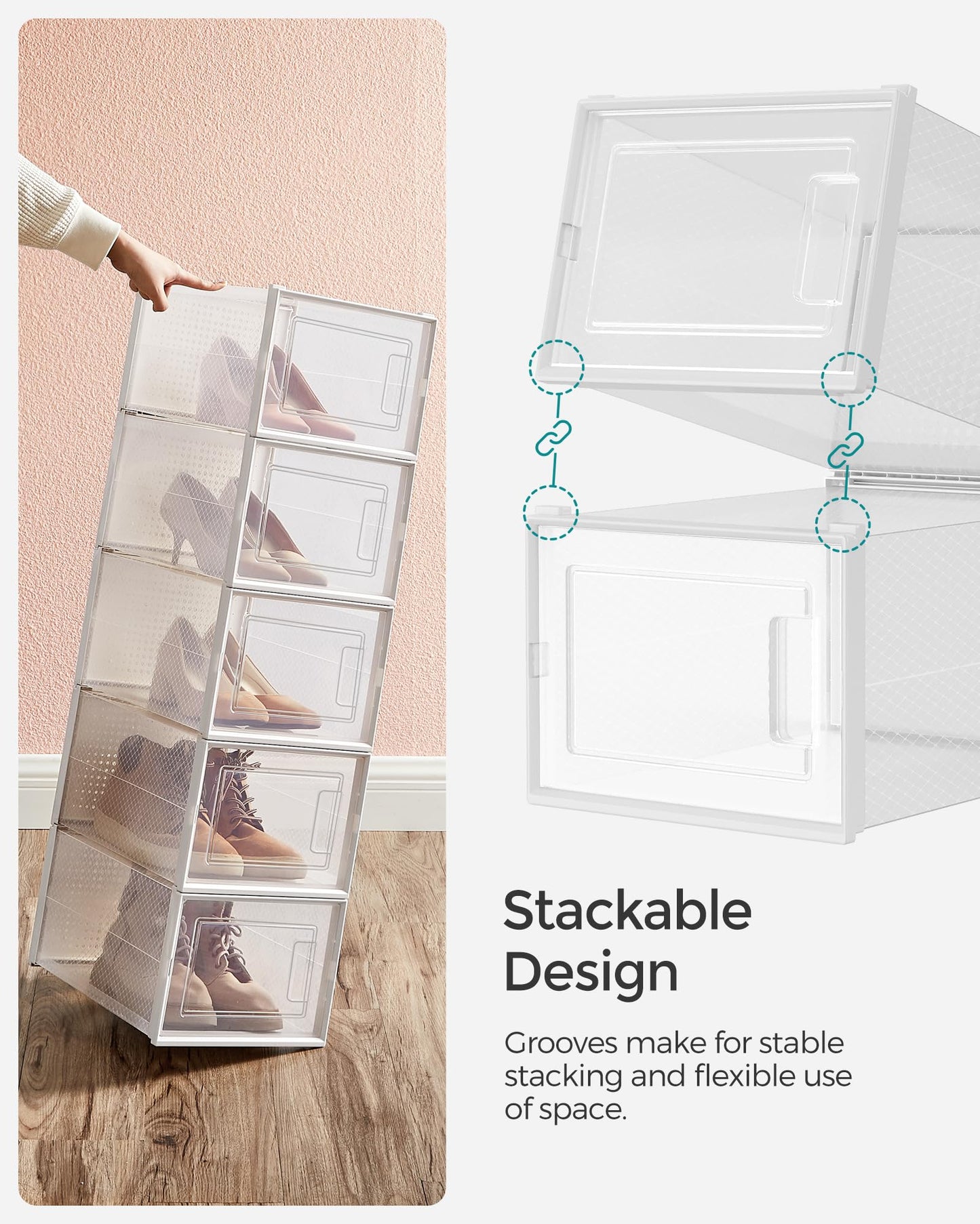 SONGMICS Shoe Boxes, Pack of 18 Stackable Shoe Storage Organisers, Foldable and Versatile for Sneakers, Fit up to UK Size 11.5, Transparent and White