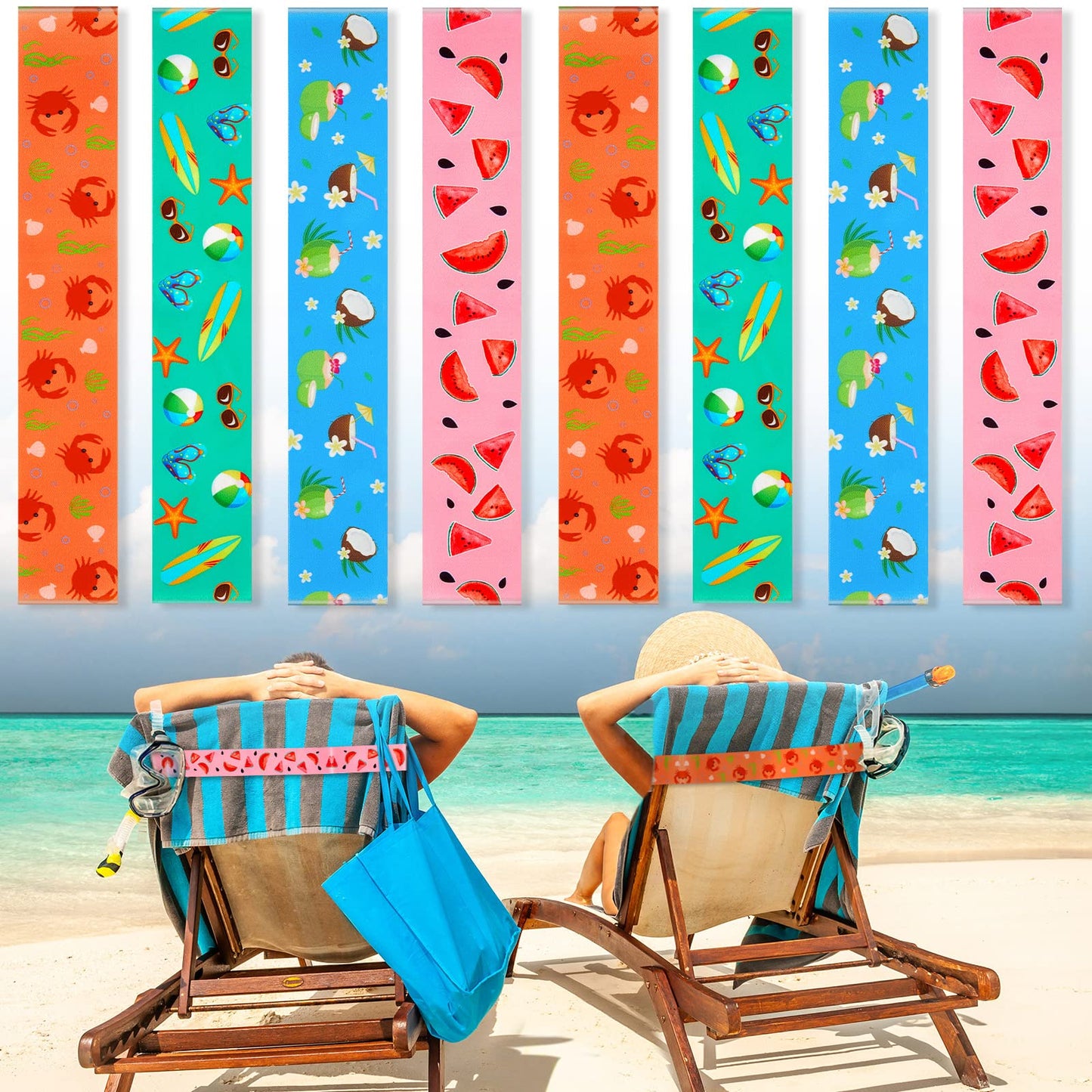 Boao 8 Pack Towel Bands for Beach Chairs Clips Pool Lounge Cruise Chair Strap Holder Elastic Windproof Accessories Summer (Fruit, 15.75 x 1.97 Inch)