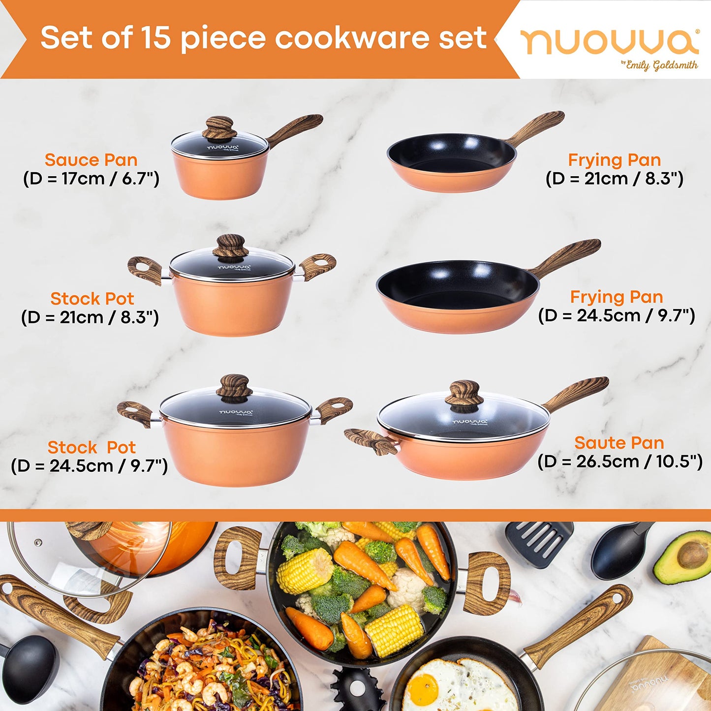 Non Stick Pots and Pans Set  Induction Hob Pots Set  15pcs Kitchen Cookware with Lids  Cooking Copper Saucepan Pots  by Nuovva