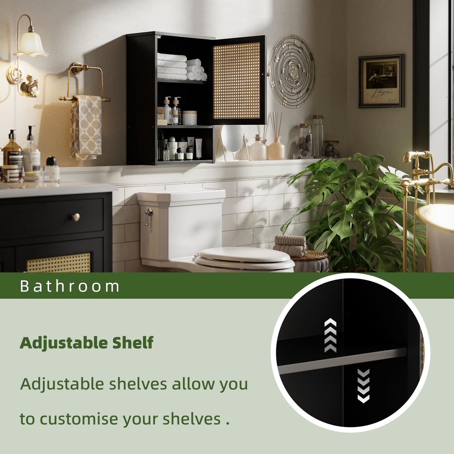 vovala Bathroom Wall Cabinet, Bamboo Over-The-Toilet Storage Organizer with Rattan Doors and Adjustable Shelf