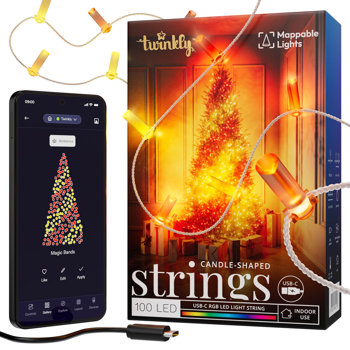 Twinkly Strings USB-C Candle 100 LED, Candle-Shaped LED Light String, Christmas Lights, RGB Multicolor LED Lights, Mappable LEDs, Compatible with