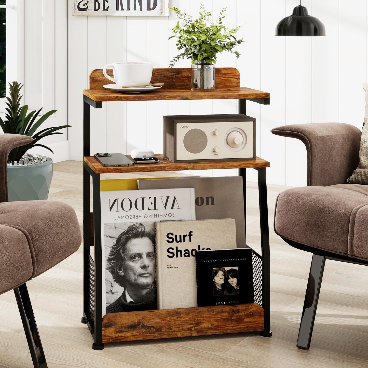 PUNCIA 3 Tier Slim End Table with Magazine Rack Retro