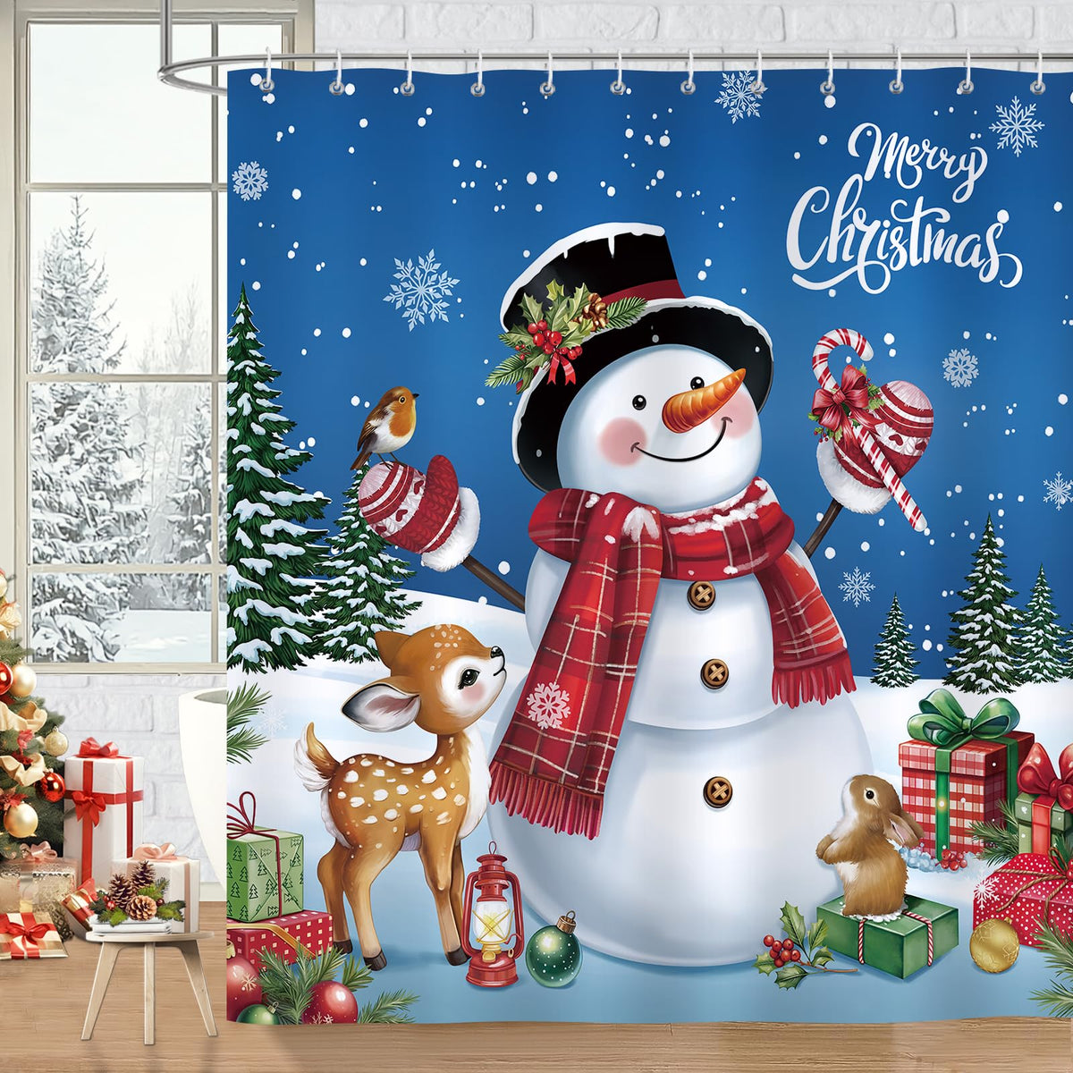 Bonhause Christmas Snowman Shower Curtain, Xmas Deer Pine Tree Blue Winter Bathroom Curtain 180 x 180 cm Waterproof Mildew and Mould Resistant