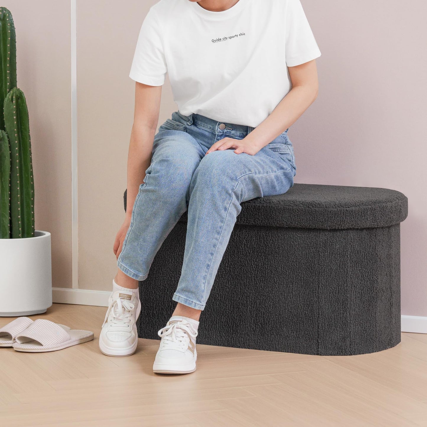 Bonlife Folding Ottoman Storage Bench,Boucle Footstool Oval, End of Bed Stool, Ideal for Living Room, Bedroom,76x38x38cm,Dark Grey