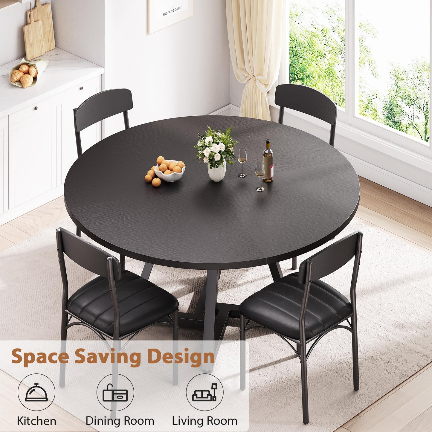 Jocoevol Round Dining Table and 4 Chairs Set of 4, Circle Dinner Table with Metal Frame, Space Saving Wood Industrial Furniture (Black, 42 inch)