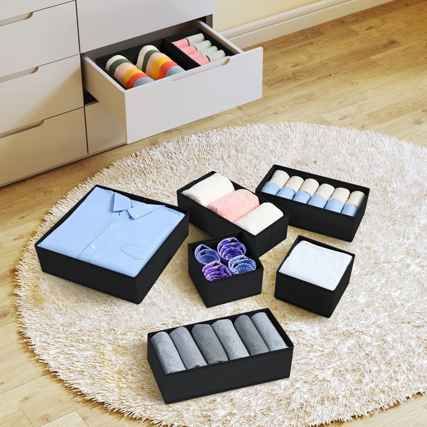 DIMJ 12 Pack Clothes Draw Organisers Fabric Drawer Dividers, 3 Size, Black