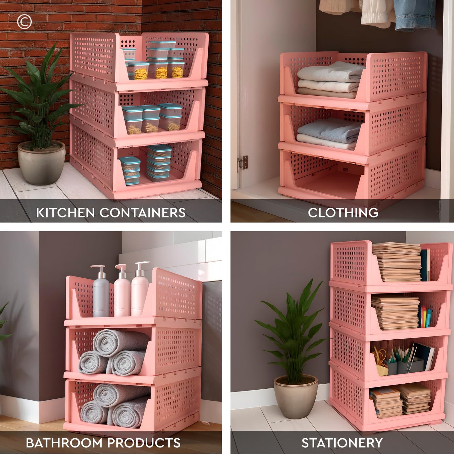 VertiRoll 4 Stackable Sliding Drawers Wardrobe Storage Organizer Plastic Box Pink Color for Home Kitchen Bathroom and Office Easy to Assemble