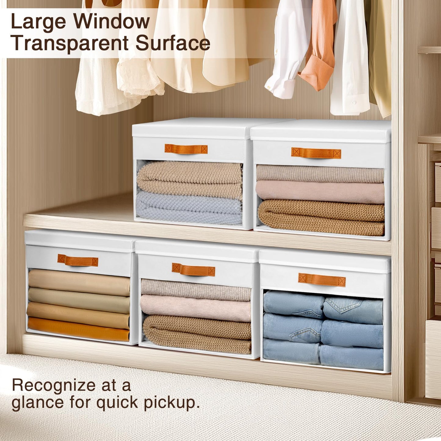 Homsorout Large Fabric Storage Boxes with Lids & Clear PVC Window White 38L