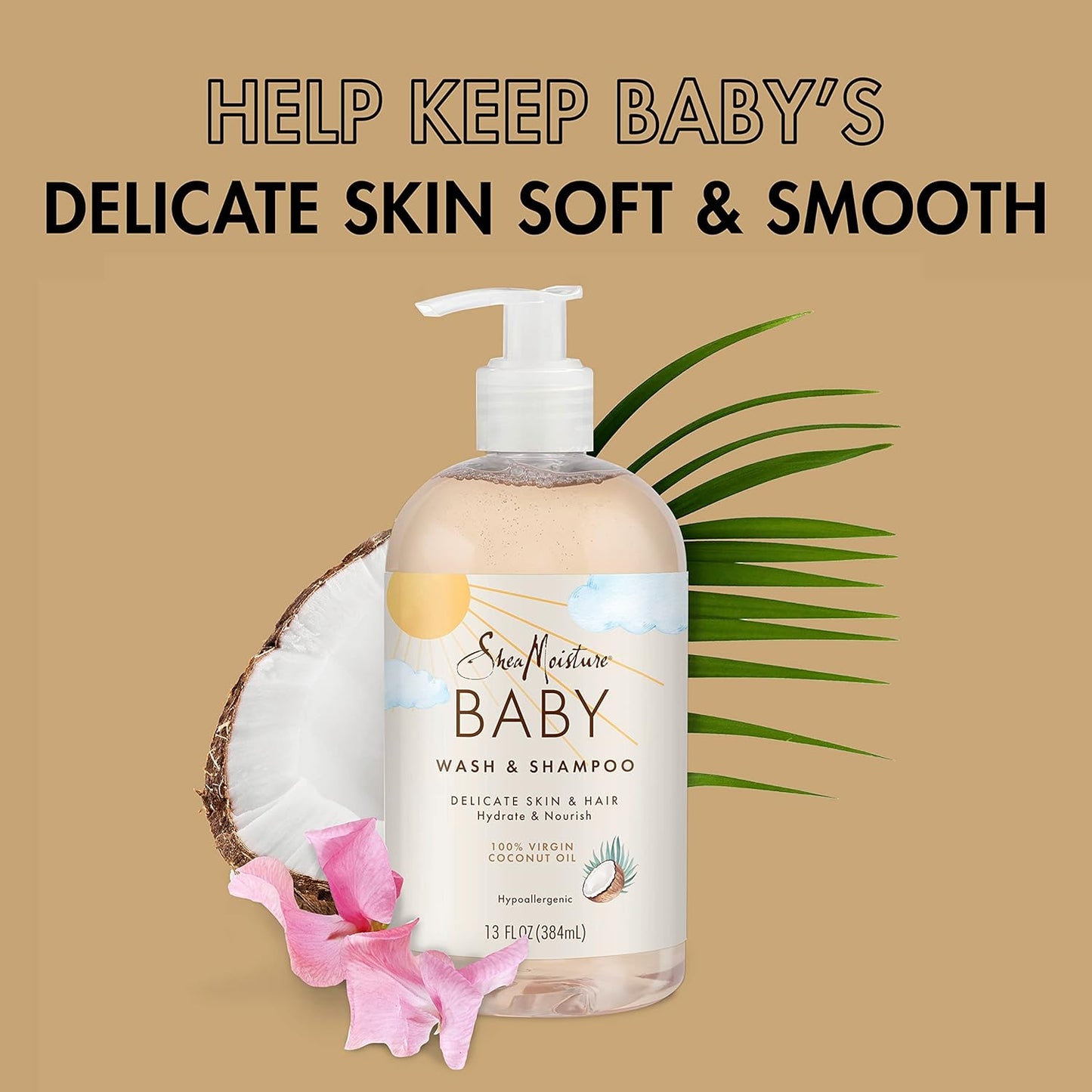 Shea Moisture 100% Virgin Coconut Oil Baby Wash & Shampoo 13 oz / 384 ml - For Delicate Baby Skin & Hair