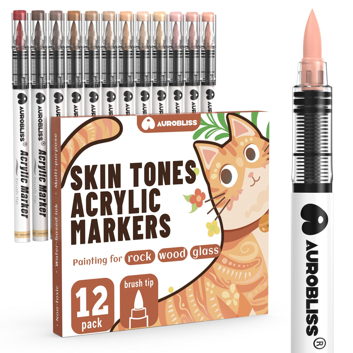 Aurobliss Acrylic Paint Pens Brush Tip 12 Skin Tones Markers for Rock Painting, Stone, Glass, Ceramic, Wood, Fabric, Water-Based Permanent Acrylic