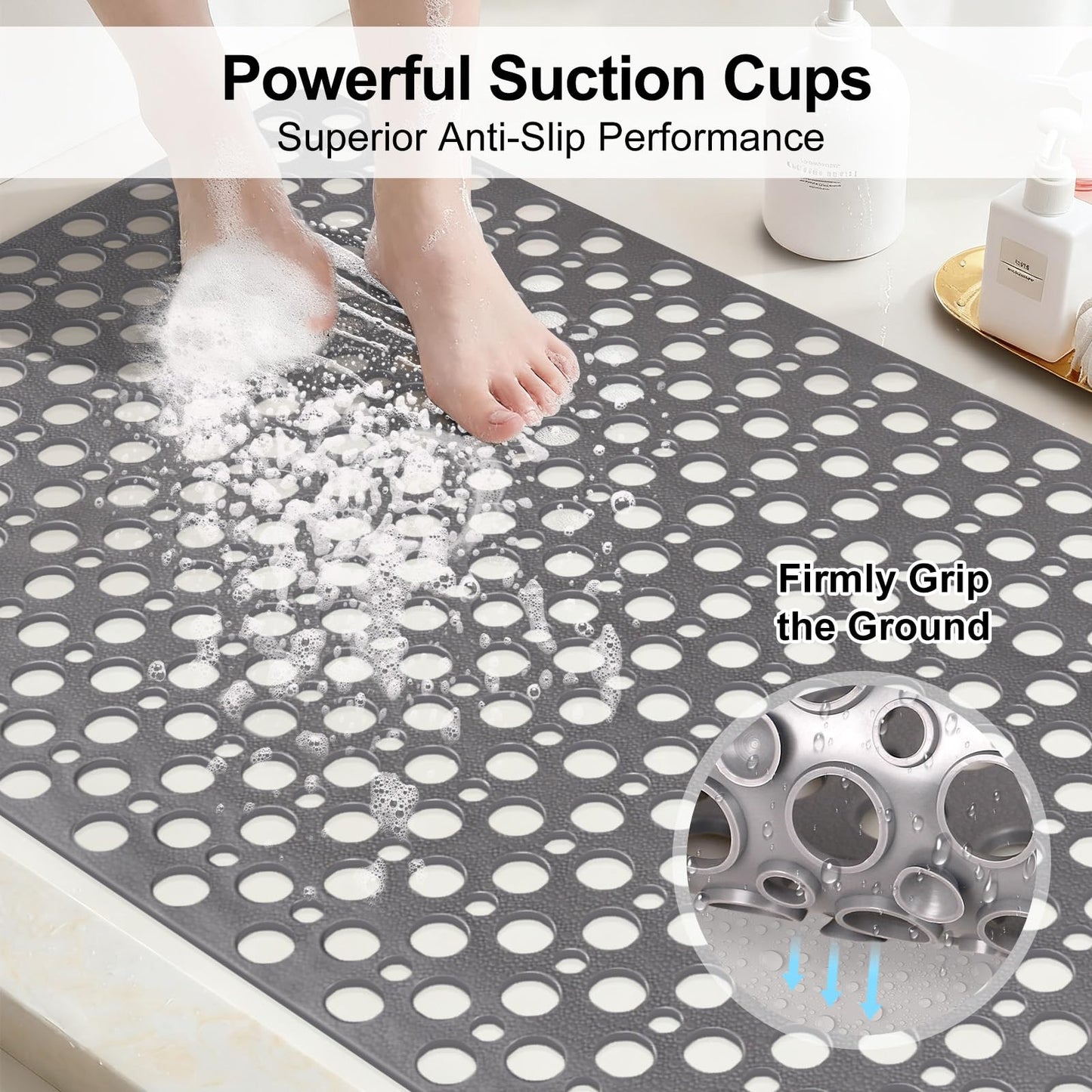Bathtub Mat and Shower Mat Non Slip: 43 x 75 cm Soft TPE Bath Tub Mat with Suction Cups and Drain Holes, Anti Slip Shower Mats for Inside Shower