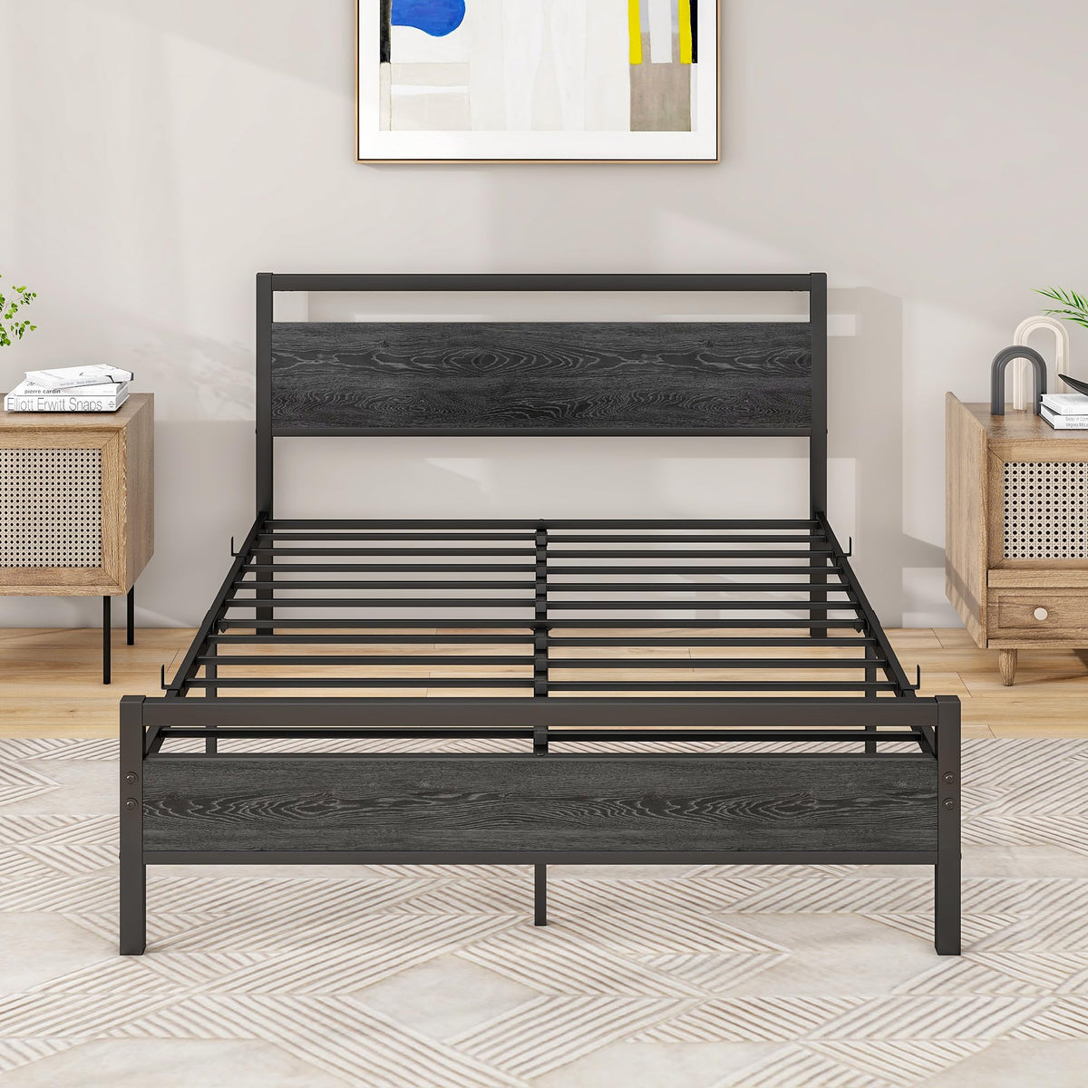 BOFENG 4ft6 Double Bed Frames with Wood Headboard,Heavy Duty Metal Platform Bed Frame Double Bed No Box Spring Needed,Mattress Foundation/Under Bed