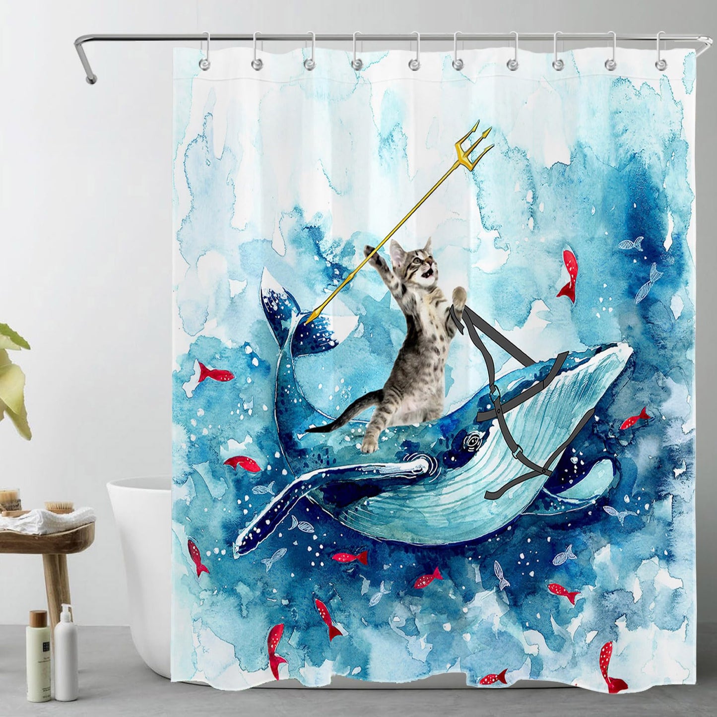 LB Blue Whale Shower Curtain Funny Cat,Watercolor Polyester Anti Mould Waterproof Bathroom Curtains with Hooks,59x71 inches
