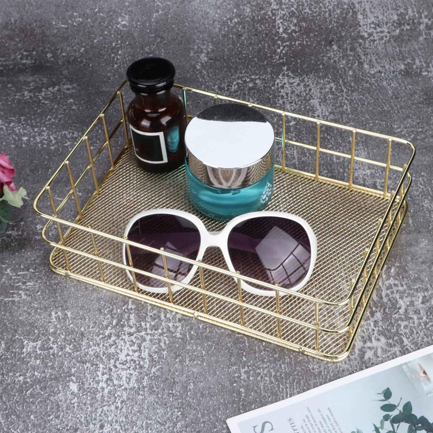 Gold Storage Basket Hollow Metal Desk Organizer,Multipurpose Large Basket for Bathroom & Home Office