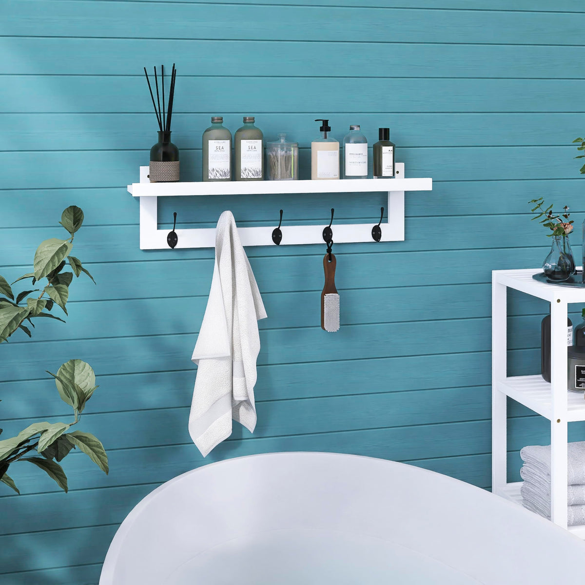 SMIBUY Coat Hooks with Shelf Wall-Mounted, 74 cm Entryway Coat Rack for Wall, Bamboo Hanging Shelf with 5 Double Metal Hooks for Bathroom, Bedroom