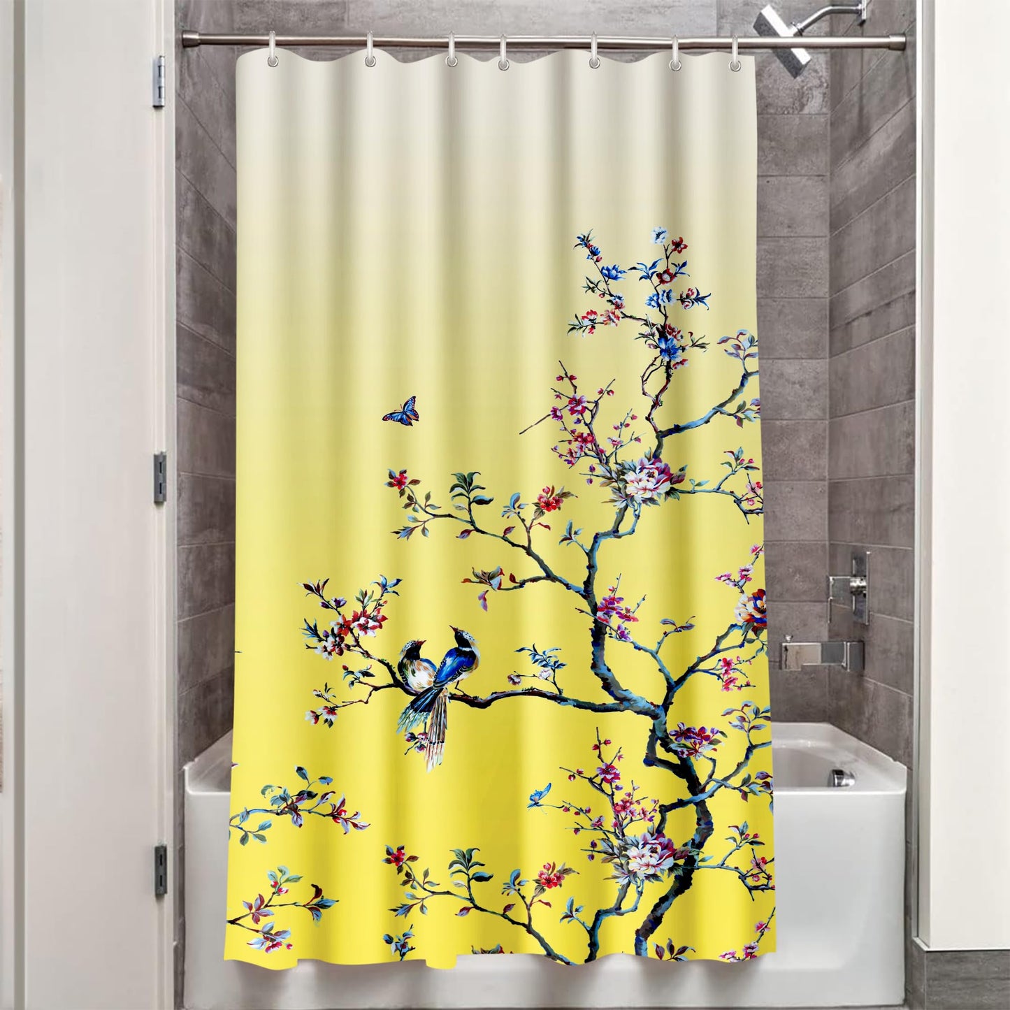 LIVETTY Yellow Bird Floral Shower Curtain 90cm × 180cm Mould Proof Butterfly Fabric Bathroom curtain For Women & Men With 12 Hooks Washable