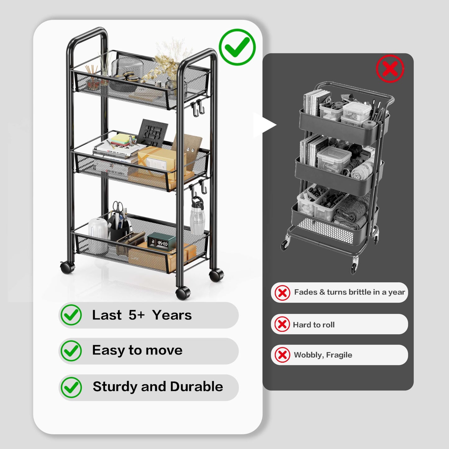 Goeasyoii 3/4/5 Tier Rolling Cart, Metal Storage Cart,Space-Saving Kitchen Cart with Castors,Shelving Organizer for Kitchen, Bathroom, Laundry Room
