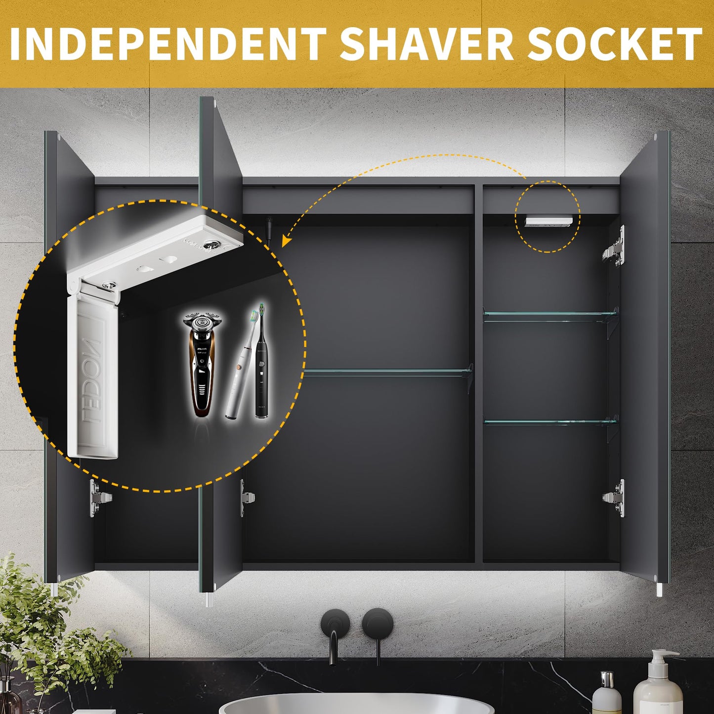 ELEGANT 900x650mm Illuminated LED Bathroom Mirror Cabinet with Shaver Socket Triple Door Wall Mirror Cabinets with 3-Color Infinitely Dimmable and