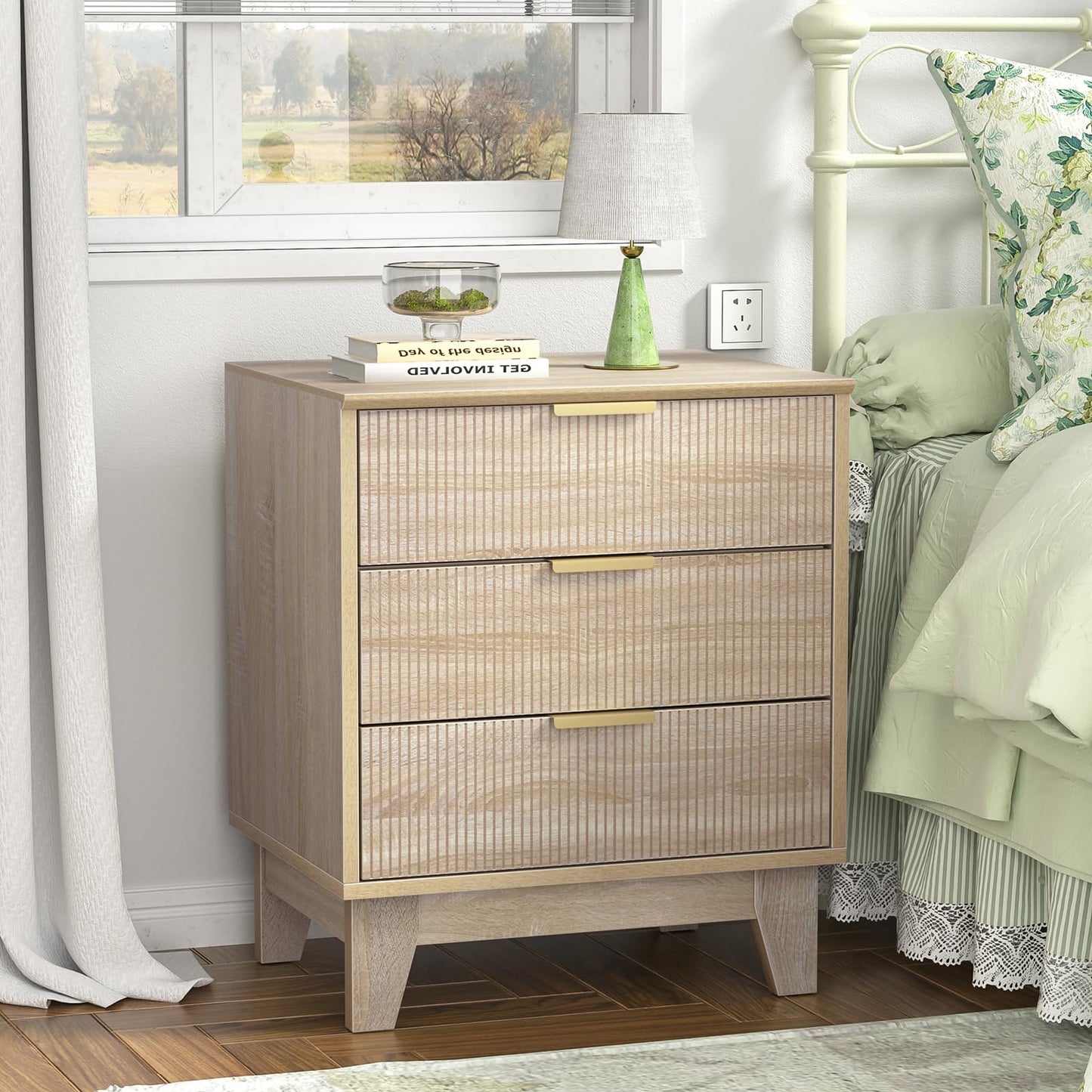 Yvsevnr Fluted Bedside Tables with 2 Drawer, Flexible Open Compartment, Wooden Sofa Side Table End Tables with Metal Handle Nightstand for