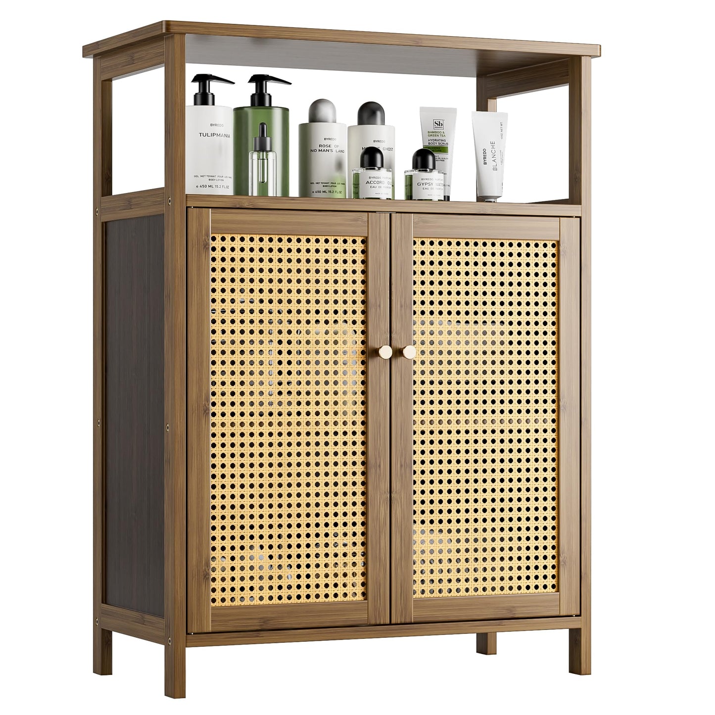 vovala Bathroom Floor Stand Cabinet, Bamboo Storage Organizer Table with 2 Rattan Doors and 1 Shelf, Wooden Side Cupboard for Hallway, Laundry