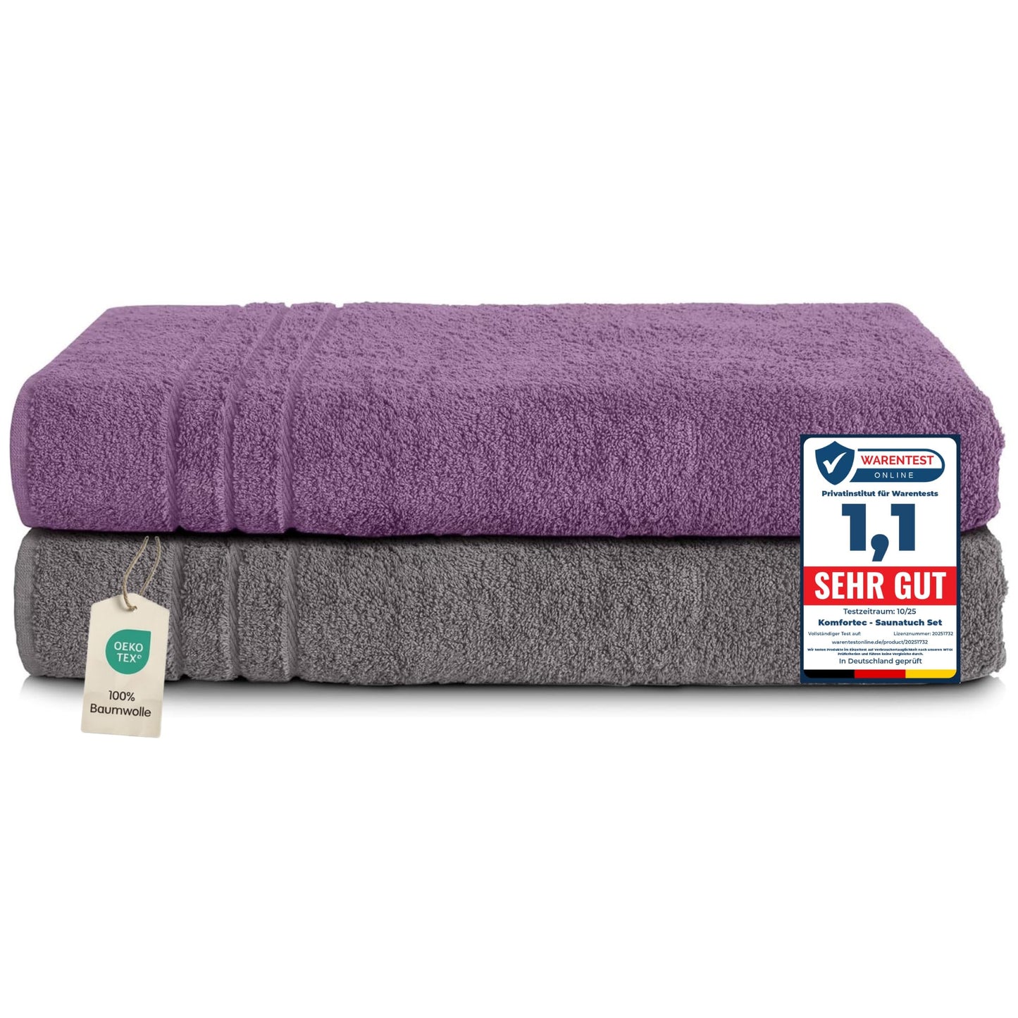 Komfortec Jumbo Bath Towels, 100% Cotton, Quick Dry, 80x200, Grey & Purple