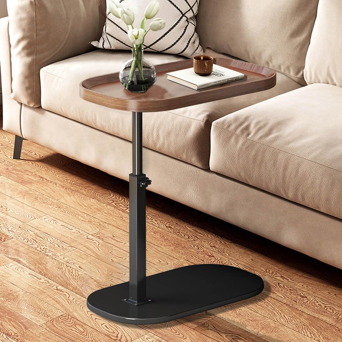 AYES Lifting Side Table 360° Swivel C Shaped End Table - TV Tray Table Narrow Concave Laptop Desk for Living Room Bedroom Bedside Nursing Sofa