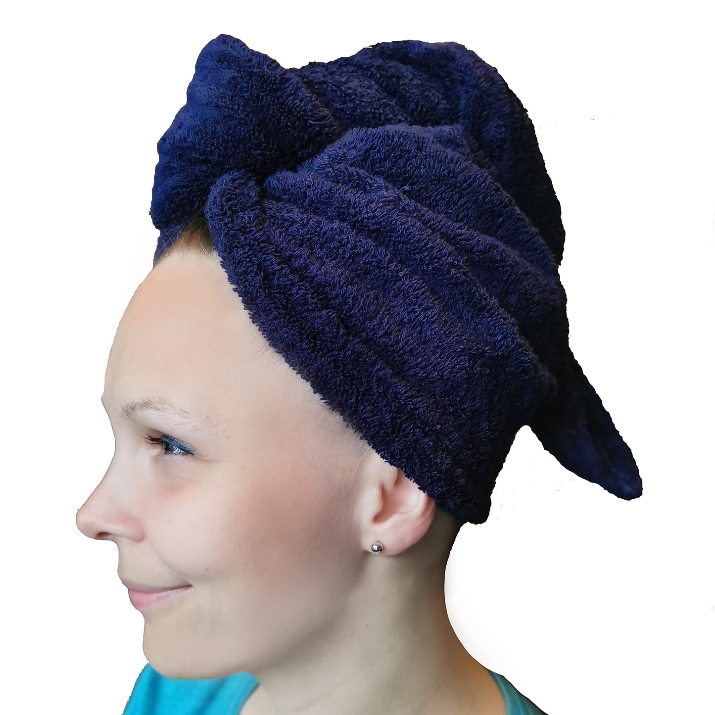 LLAMAXY 100% Pure Organic Cotton Hair Towel - Quick Twist Rapid Dry Turban Wrap for Adults and Children - 1 Pack Navy Blue