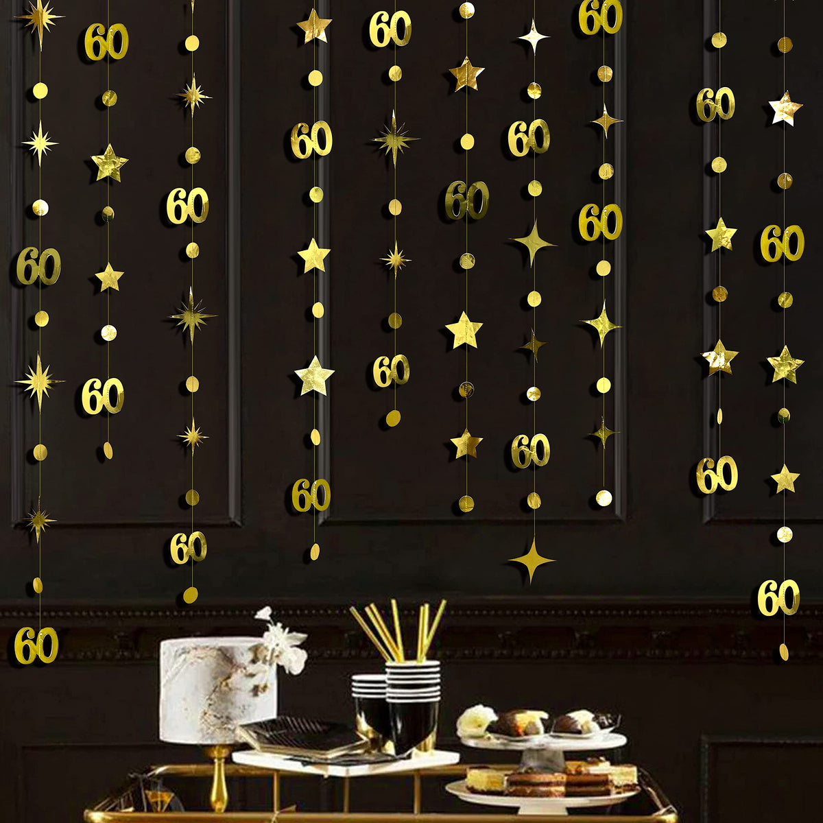 Gold 60th Birthday Decorations Number 60 Circle Dot Twinkle Star Garland Metallic Hanging Streamer Bunting Banner Backdrop for 60th Anniversary Party