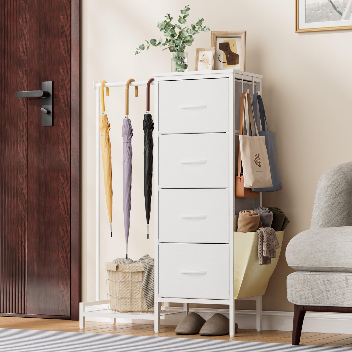 Chest of Drawers with Retractable Hanging Rail and 4 Fabric Drawers