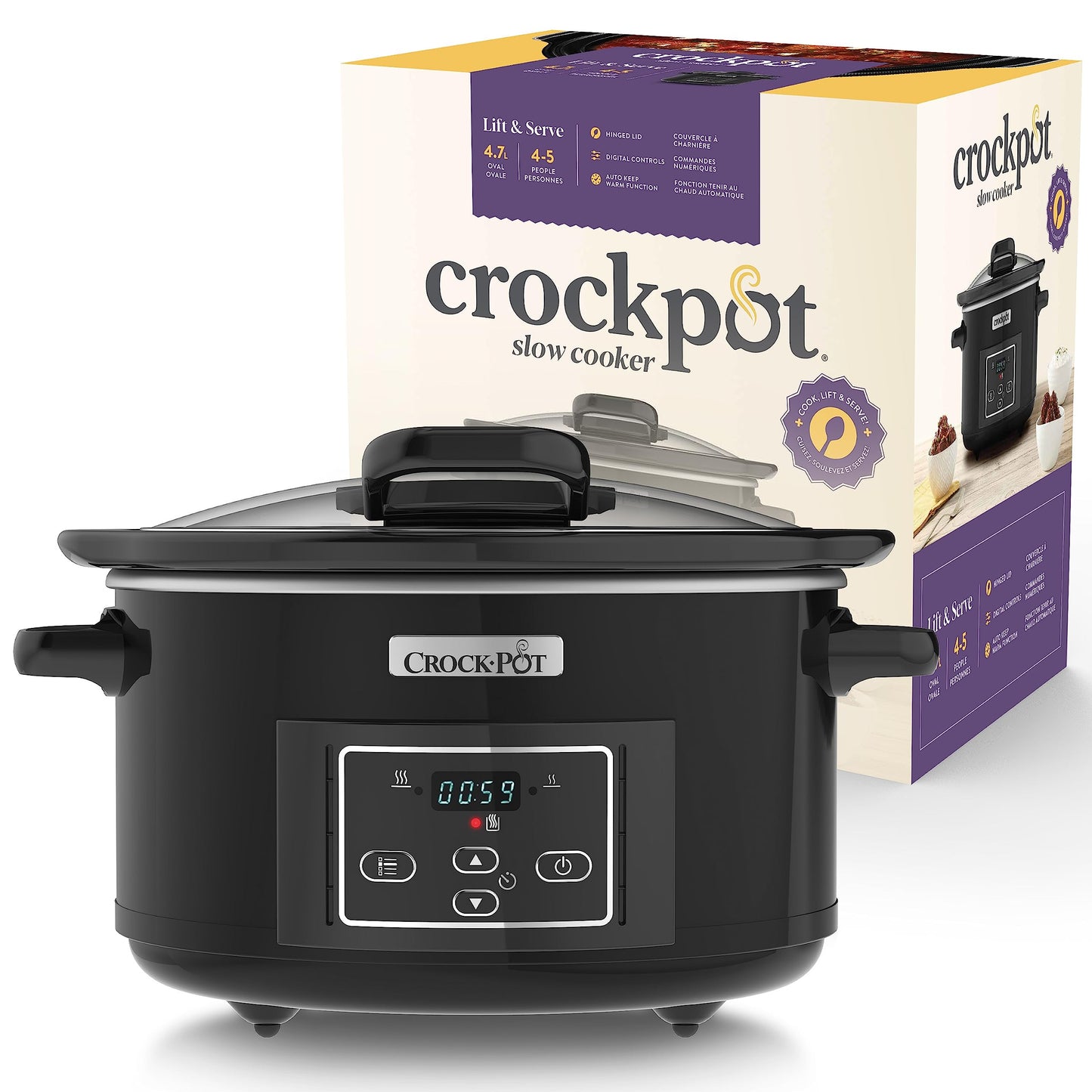 Crock-Pot Lift and Serve Digital Slow Cooker with Hinged Lid and Programmable Countdown Timer | 4.7 Litre (up to 5 People) [CSC052], Black