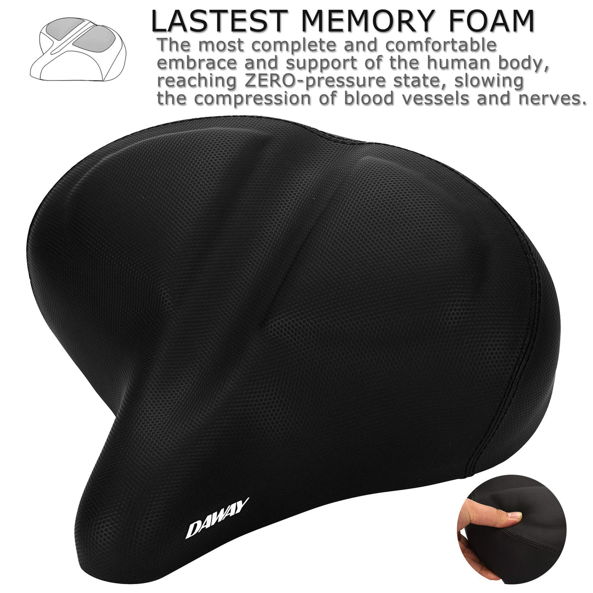 DAWAY C40 Ultra-Comfortable Oversized Bike Seat - Memory Foam Padded, Extra Wide Soft Bicycle Saddle for Men Women Seniors - Fit for Peloton, Cruiser,