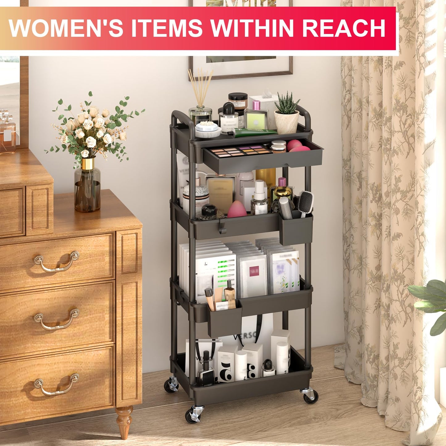 Yeabett 4 Tier Storage Trolley with Drawer, Utility Cart with Plastic Shelf & Lockable Wheels Multifunctional Storage Cart for Kitchen, Bathroom