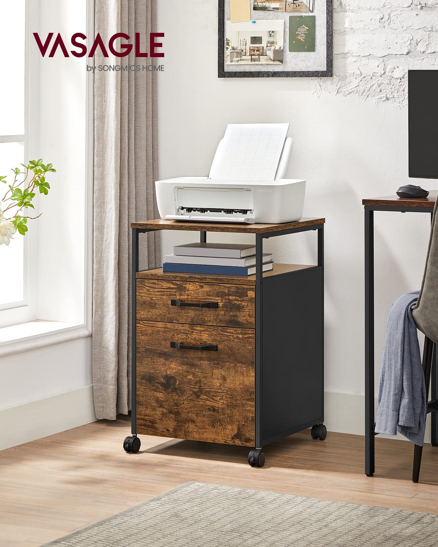 VASAGLE Mobile File Cabinet with 2 Drawers, Letter-Size Hanging File Folders, Open Shelf, Steel Frame, Rustic Brown and Ink Black OFC71X