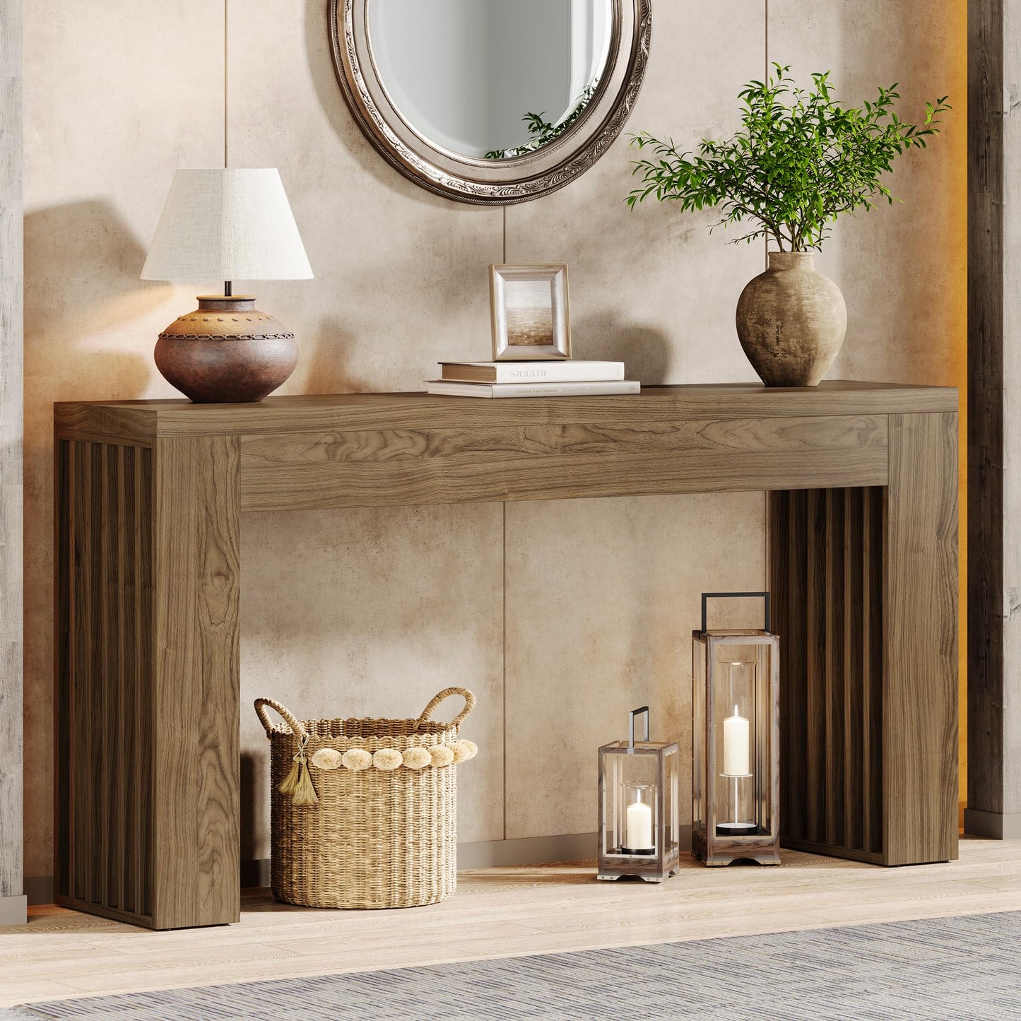 Tribesigns 150cm Long Wooden Console Table Behind Sofa with Vertical Slat Legs for Entryway, Hallway, Entryway, Living Room (Rustic Brown)