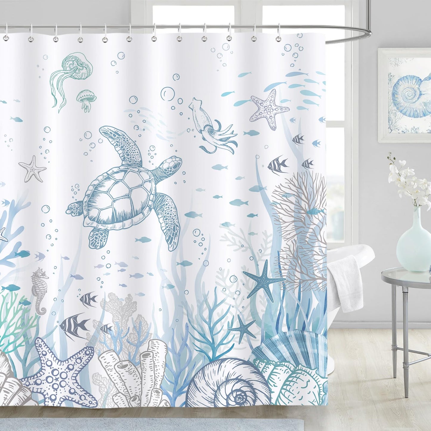 Dazzlewall Sea Turtle Shower Curtain, Nautical Biological Ocean Waterproof Bathroom Curtain 180x180cm, Mildew & Mould Resistant Polyester Fabric Bath
